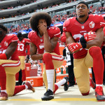 SANTA CLARA, CA - OCTOBER 02: (L-R) Eli Harold #58, Colin Kaepernick #7 and Eric Reid #35 of the San Francisco 49ers kneel on the sideline during the anthem prior to the game against the Dallas Cowboys at Levi's Stadium on October 2, 2016 in Santa Clara, California. (Photo by Thearon W. Henderson/Getty Images)